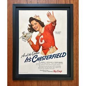 Framed Original 1941 Vintage Chesterfield Ad Girl of the Month Football